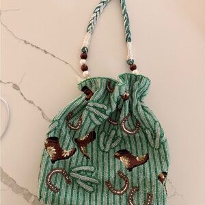 Green Beaded Drawstring Bag Cactus Cowboy